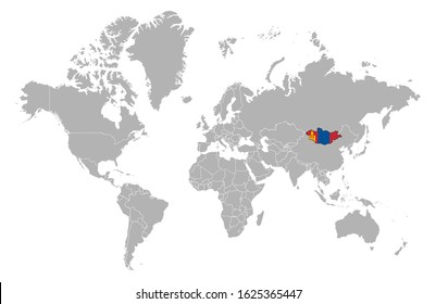 Mongolia on detailed world map. With overlay Mongolia flag. The location of the country of Mongolia on the world map.