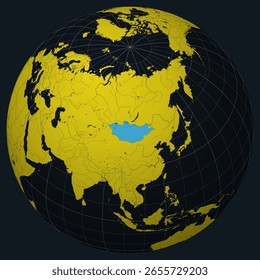 Mongólia no Globe. Vista do país no mapa do mundo em Carvão amarelo brilhante paleta de cores. Mongólia forma no mapa. Globo com meridianos, paralelos, países, rios e lagos.