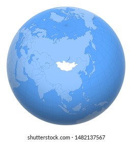 Mongolia on the globe. Earth centered at the location of Mongolia. Map of Mongolia. Includes layer with capital cities.