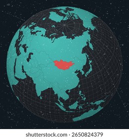 Mongolia on Globe. Vintage look with grunge scratched texture. Country view on world map in Dark Charcoal Turquoise color palette. Mongolia shape on map. Globe with meridians and parallels.