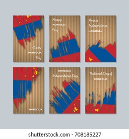 Mongolia Patriotic Cards for National Day. Expressive Brush Stroke in Flag Colors on kraft paper background. Vector Greeting Card.