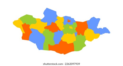 Mongolia political map of administrative divisions - provinces and khot Ulaanbaatar. Blank colorful vector map.