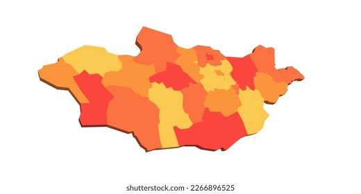 Mongolia political map of administrative divisions - provinces and khot Ulaanbaatar. 3D map in shades of orange color.