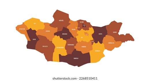 Mongolia political map of administrative divisions - provinces and khot Ulaanbaatar. Flat vector map with name labels. Brown - orange color scheme.