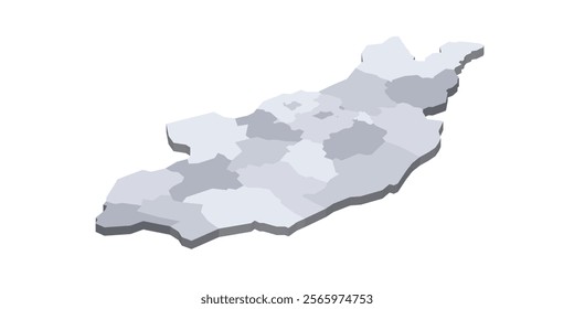 Mongolia political map of administrative divisions - provinces and khot Ulaanbaatar. 3D isometric blank vector map in shades of grey.