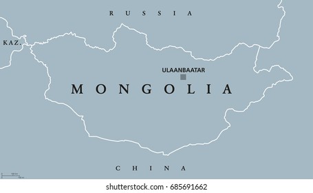 Mongolia political map with capital Ulaanbaatar. Landlocked unitary sovereign state in East Asia between Russia and China. Former Outer Mongolia. English labeling. Gray illustration. Vector.