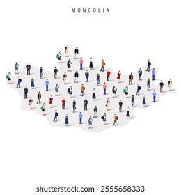 Mongolia population map. Large group of realistic a diverse crowd of people figures in a shape of Mongolian map. Flat vector illustration isolated on white.