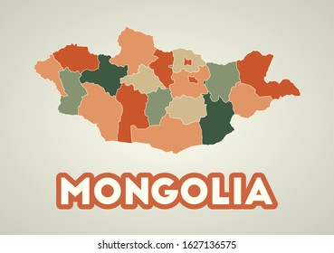 Mongolia poster in retro style. Map of the country with regions in autumn color palette. Shape of Mongolia with country name. Trendy vector illustration.