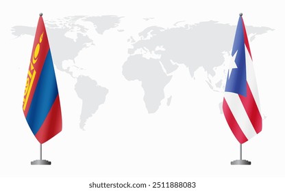 Mongolia and Puerto Rico flags for official meeting against background of world map.