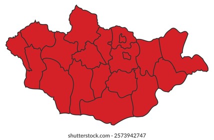 Mongolia red map with border of regions outline vector