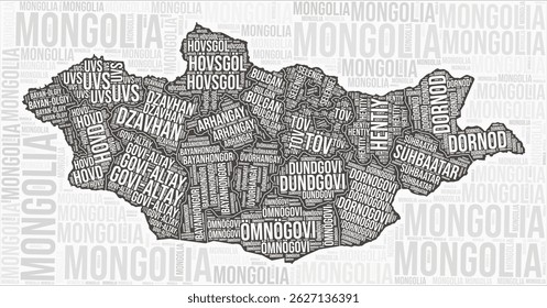 Mongolia regions map word cloud. Mongolia region names. Black and white map design. Creative vector illustration.