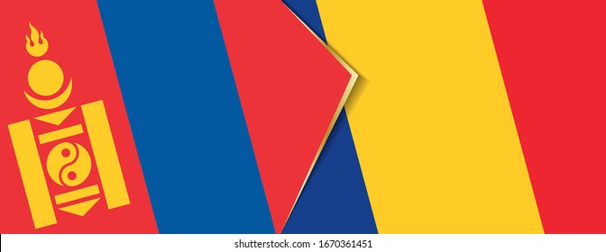 Mongolia and Romania flags, two vector flags symbol of relationship or confrontation.
