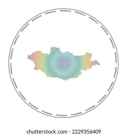 Logo de la ronda de Mongolia. Forma de estilo digital de Mongolia en círculo de puntos con nombre de país. Icono tecnológico del país con puntos degradados. Ilustración vectorial vibrante.
