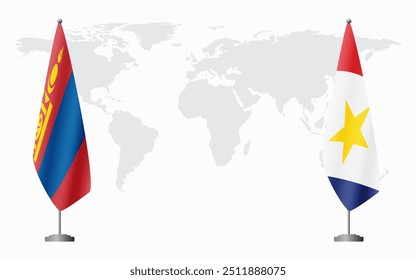 Banderas de Mongolia y Saba para reunión oficial con el fondo del mapa mundial.