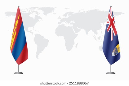 Mongolia and Saint Helena flags for official meeting against background of world map.