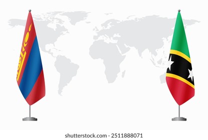 Mongolia and Saint Kitts and Nevis flags for official meeting against background of world map.