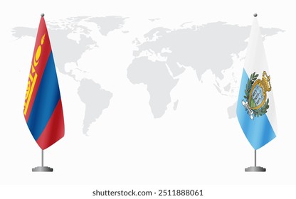 Mongolia and San Marino flags for official meeting against background of world map.