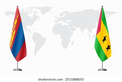 Mongólia e São Tomé e Príncipe bandeiras para reunião oficial contra fundo do mapa do mundo.