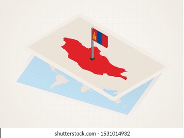 Mongolia selected on map with isometric flag of Mongolia. Vector paper map.