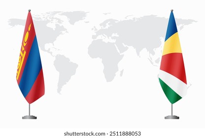 Mongolia and Seychelles flags for official meeting against background of world map.