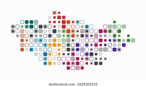 Mongolia, shape of the country build of colored cells. Digital style map of the Mongolia on white background. Large size rounded square blocks. Plain vector illustration.