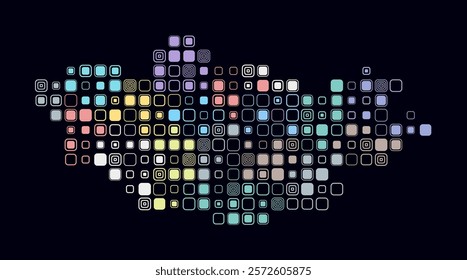 Mongolia, shape of the country built of colored cells. Digital style map of Mongolia on dark background. Large size rounded square blocks. Awesome vector illustration.