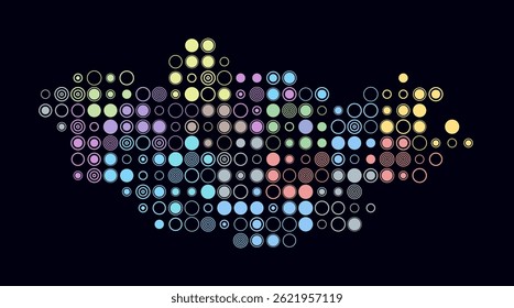Mongólia, a forma do país... constrói células coloridas. Mapa de estilo digital da Mongólia sobre fundo escuro. Blocos circulares de tamanho grande. Ilustração do vetor de tendências.
