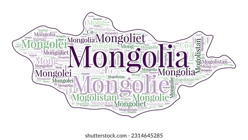 Mongolia shape filled with country name in many languages. Mongolia map in word cloud style. Astonishing vector illustration.