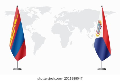 Mongolia and Sint Maarten flags for official meeting against background of world map.