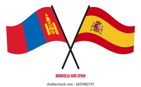 Mongolia and Spain Flags Crossed And Waving Flat Style. Official Proportion. Correct Colors.