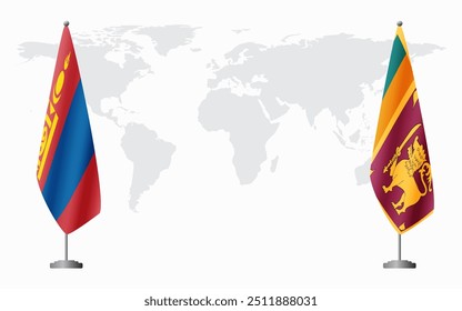 Bandeiras da Mongólia e do Sri Lanka para reunião oficial no fundo do mapa do mundo.