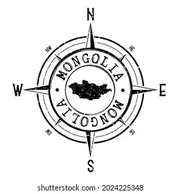 Mongolia Stamp Map Compass Adventure. Illustration Travel Country Symbol. Seal Expedition Wind Rose Icon.