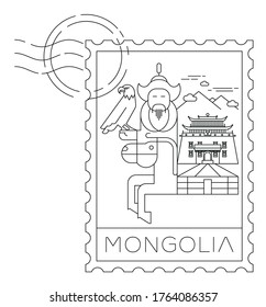 Mongolia symbols stamp, minimal linear vector illustration and typography design