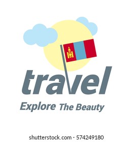 Mongolia Travel Country Flag Logo. Explore the The Beauty lettering with Sun and Clouds and creative waving flag. travel company logo design - vector illustration