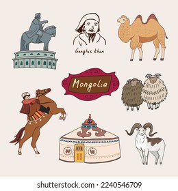 Mongolia travel landmark vector illustrations set.