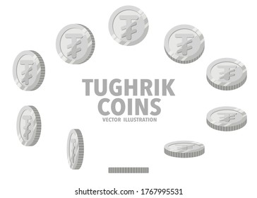 Mongolia Tughrik sign silver coins isolated on white background. Set of flat icon design of spin coins with symbol at different angles.