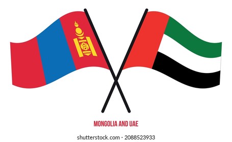 Banderas de Mongolia y los Emiratos Árabes Unidos cruzan y ondean estilo plano. Proporción oficial. Colores correctos.