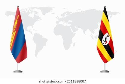 Bandeiras da Mongólia e de Uganda para reunião oficial contra o fundo do mapa do mundo.