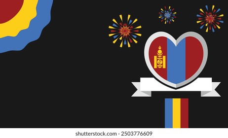Mongolia vector banner design illustration with flag colors, geometric shapes and typography. fireworks and ribbon elements.