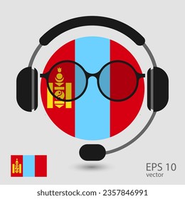 Mongolia vector flag with headphones and glasses, vector illustration. 