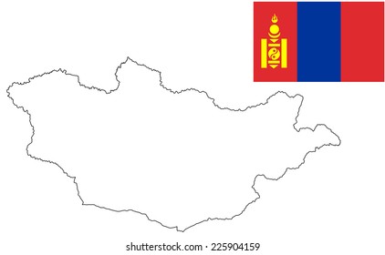 Mongolia vector map contour with vector flag. High detailed illustration, isolated on white background.