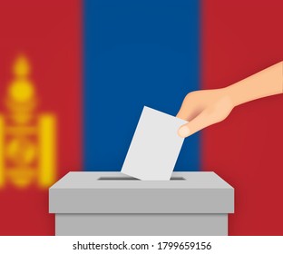 Mongolia vote election banner background. Ballot Box with blurred flag