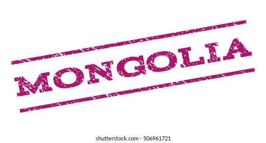 Mongolia watermark stamp. Text caption between parallel lines with grunge design style. Rubber seal stamp with dust texture. Vector purple color ink imprint on a white background.