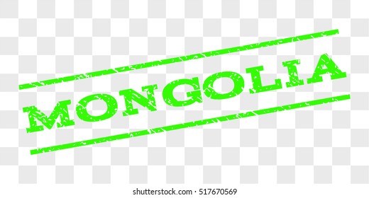 Mongolia watermark stamp. Text tag between parallel lines with grunge design style. Rubber seal stamp with unclean texture. Vector light green color ink imprint on a chess transparent background.