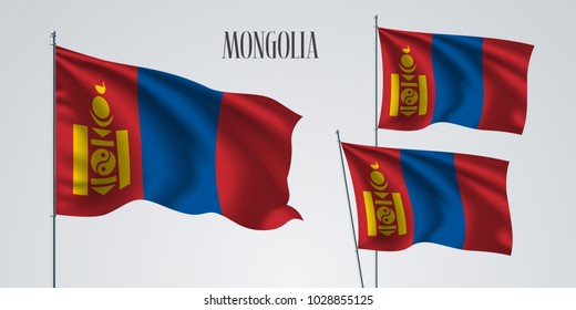 Mongolia waving flag set of vector illustration. Blue red colors of Mongolia wavy realistic flag as a patriotic symbol 