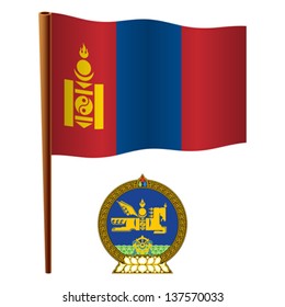 mongolia wavy flag and coat of arm against white background, vector art illustration, image contains transparency