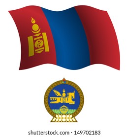 mongolia wavy flag and coat of arm against white background, vector art illustration, image contains transparency