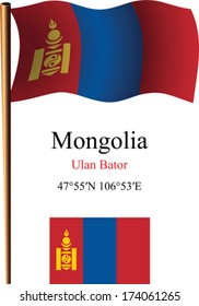 mongolia wavy flag and coordinates against white background, vector art illustration, image contains transparency