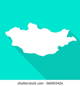 Mongolia white map,border flat simple style with long shadow on turquoise background