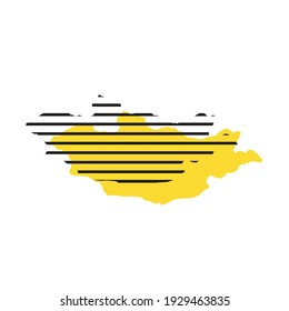 Mongolia - yellow country silhouette with shifted black stripes. Memphis Milano style design. Slimple flat vector map.